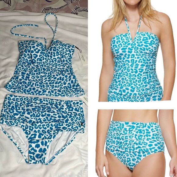 Calvin Klein Womens V-wire Bandeau Halter Tankini Top & High-Waist Bikini Bottom - Picture 1 of 10
